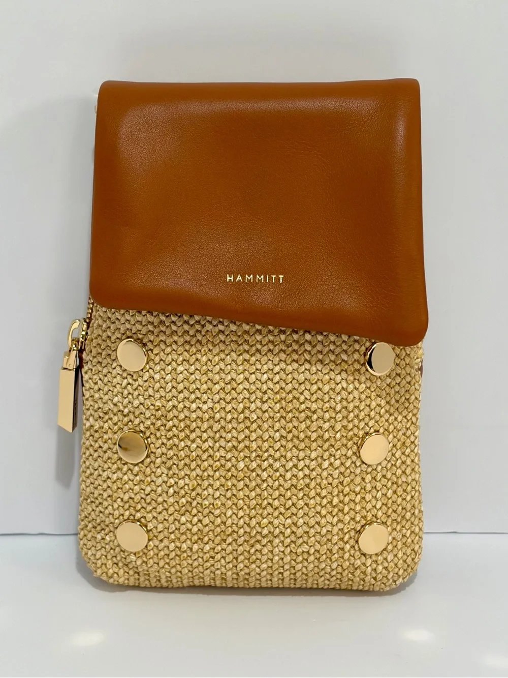 Hammitt VIP Mobile Crossbody Bag In Cocoa Raffia With Shiny Gold Hardware NWOT